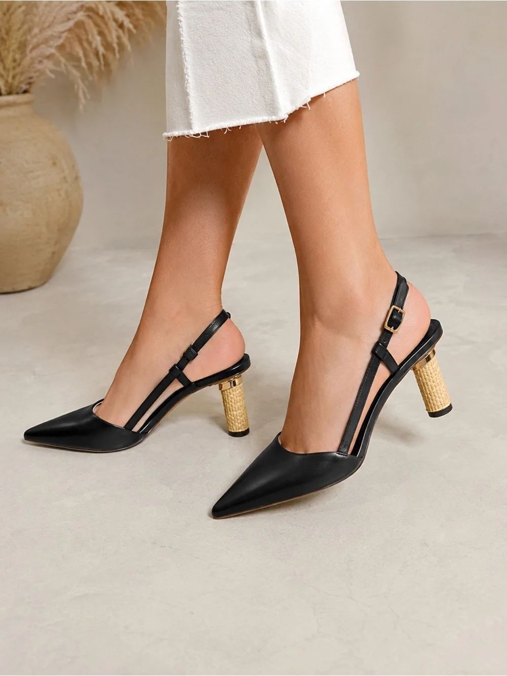 Black Pointed Slingback Heels with Woven Gold Heel Accent